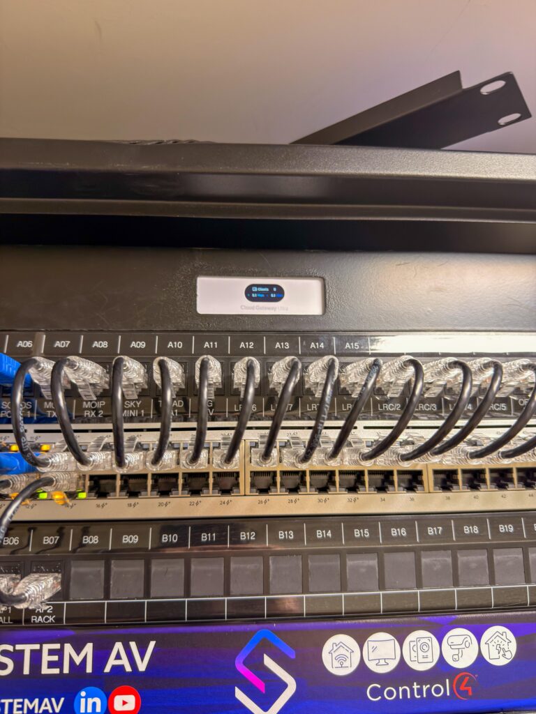 Patch panel with network cabling in a Control4 equipment rack